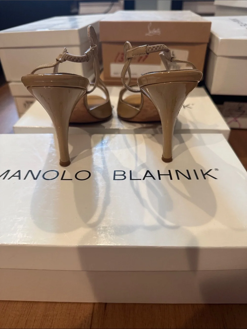 Manolo Blahnik Nude Patent Leather Slingback Peep-Toe Heels